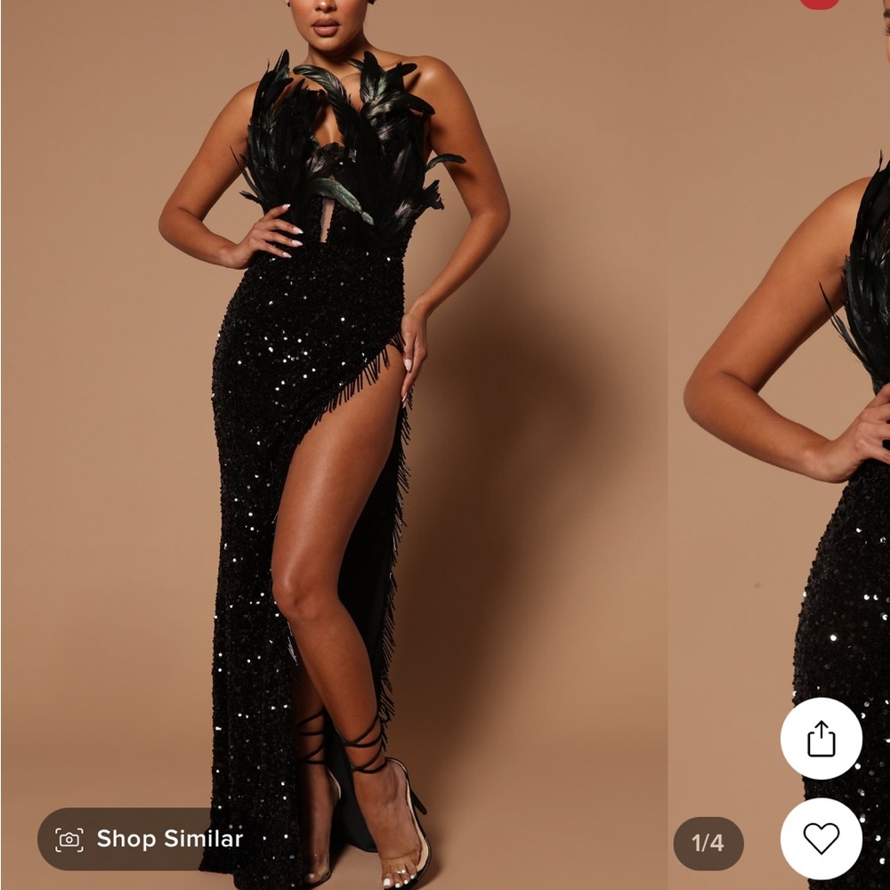 Feather Sequin Black Maxi Sexy Split Dress